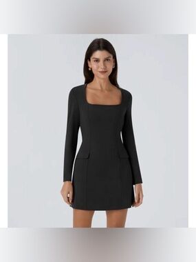 HALARA Black Long-Sleeve Square Neck Mini Dress